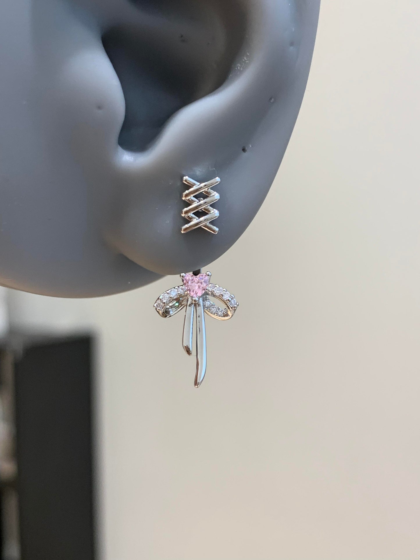 Silver Pink Heart Bow Earring