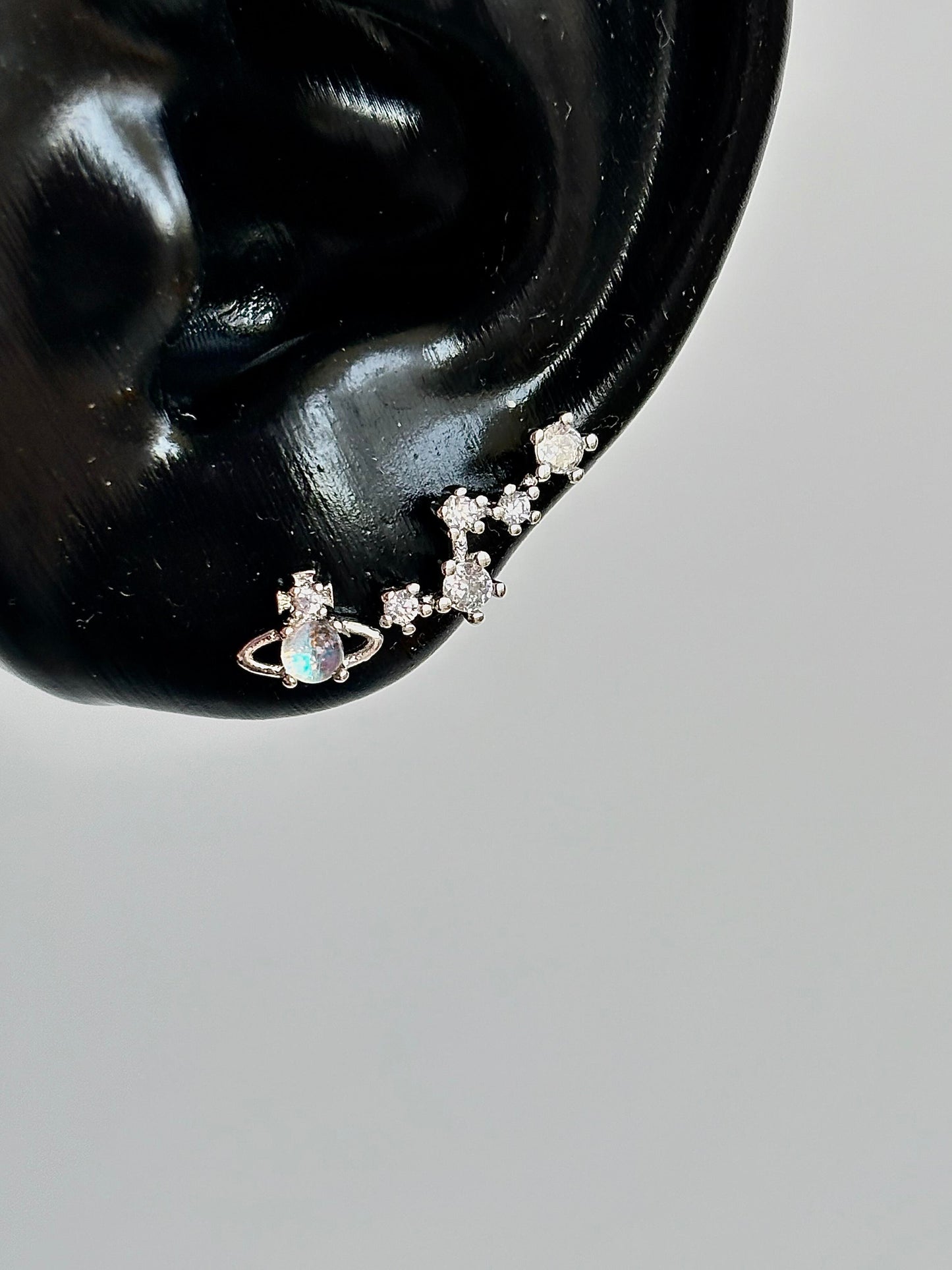 Silver Opal Saturn and Crystal Double Lobe Chain Earring