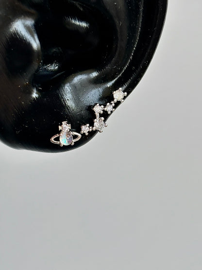 Silver Opal Saturn and Crystal Double Lobe Chain Earring