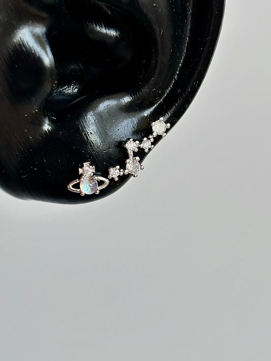 Silver Opal Saturn and Crystal Double Lobe Chain Earring