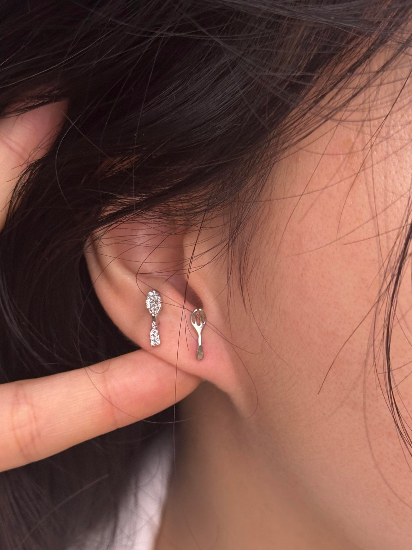 Silver Spoon and Fork Double Lobe Earring Stack
