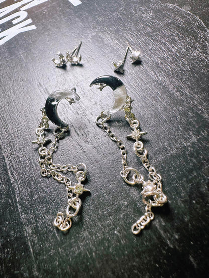 Silver Celestial Moon and Star Chain Earring Set