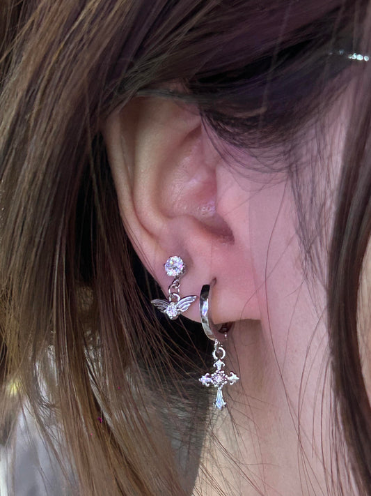 Crystal Angel Wing Cross Earring Stack