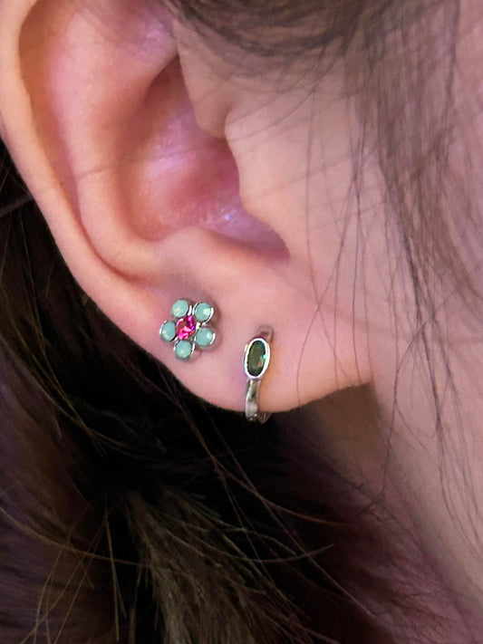 Mint Flower & Green Stone Double Lobe Earring Stack