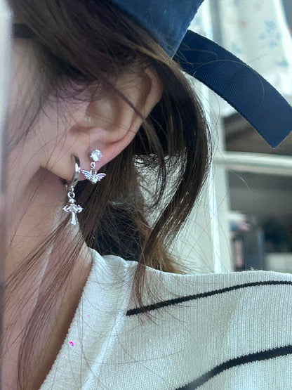 Crystal Angel Wing Cross Earring Stack