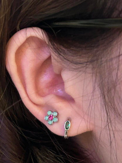 Mint Flower & Green Stone Double Lobe Earring Stack