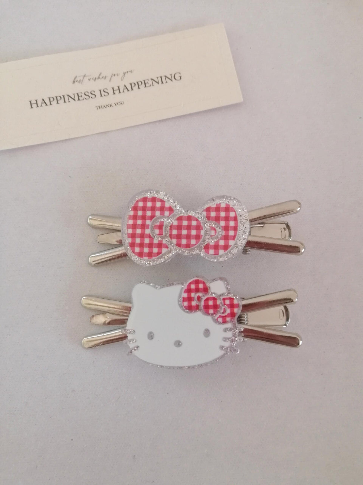 Cute Checkered Bow & Kitty Face Hair Clip