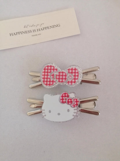 Cute Checkered Bow & Kitty Face Hair Clip