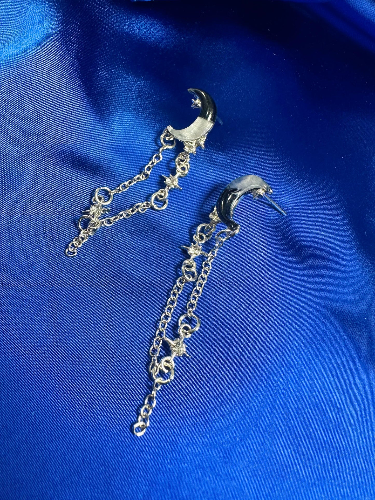 Silver Celestial Moon and Star Chain Earring Set