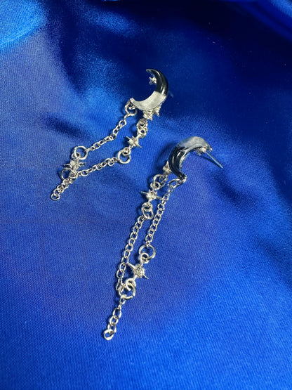 Silver Celestial Moon and Star Chain Earring Set
