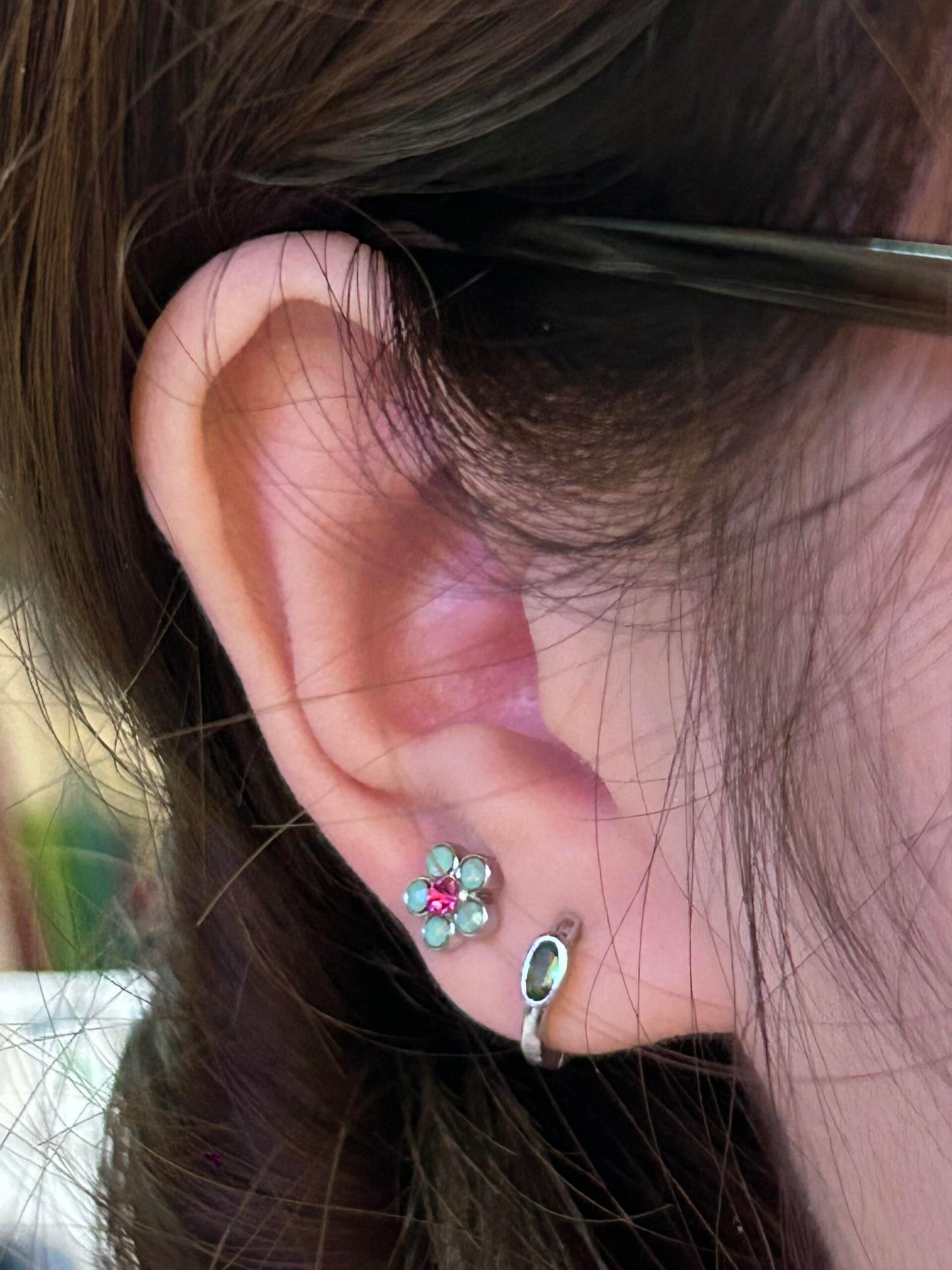Mint Flower & Green Stone Double Lobe Earring Stack