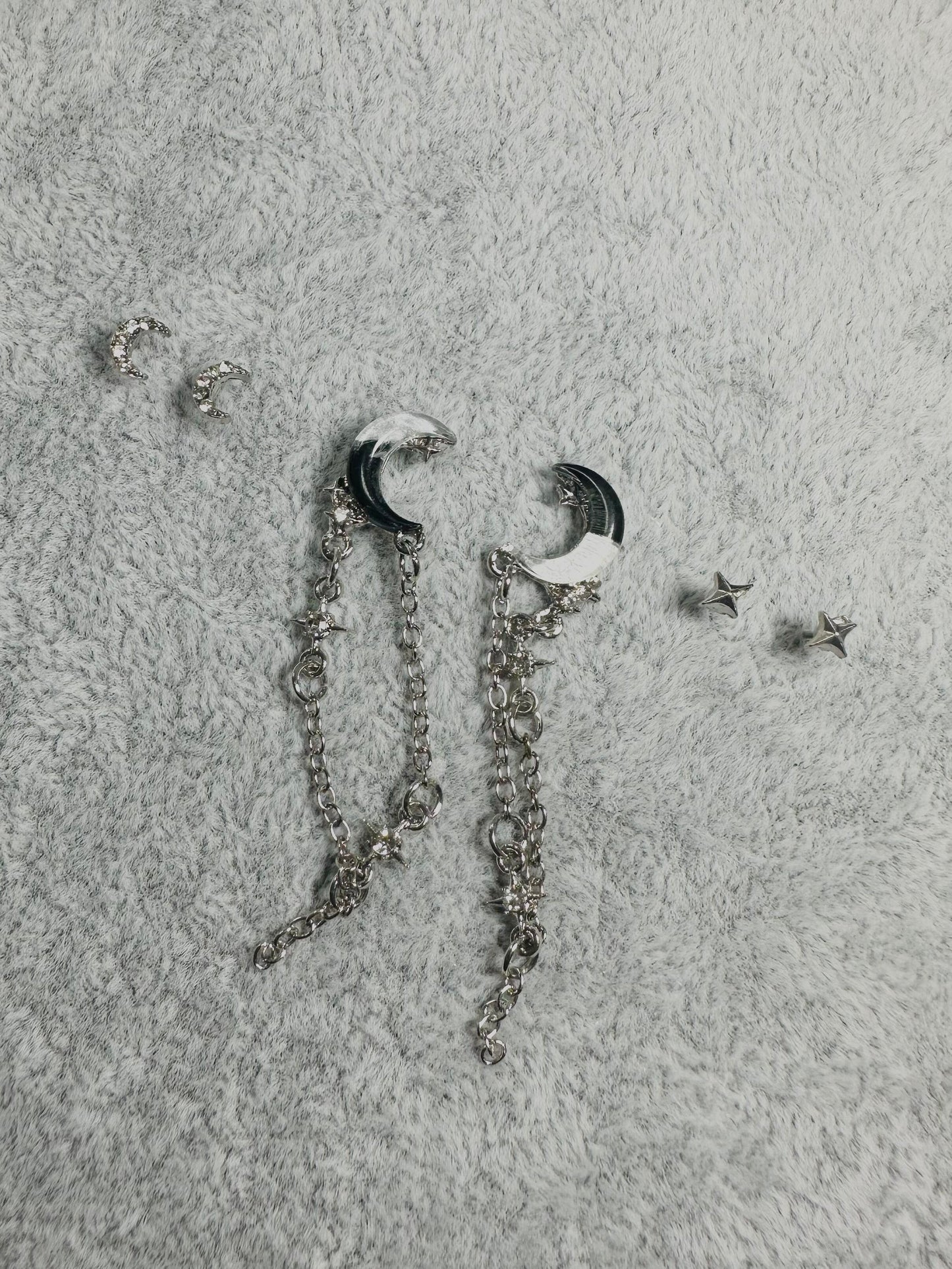 Silver Celestial Moon and Star Chain Earring Set