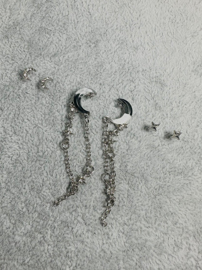 Silver Celestial Moon and Star Chain Earring Set