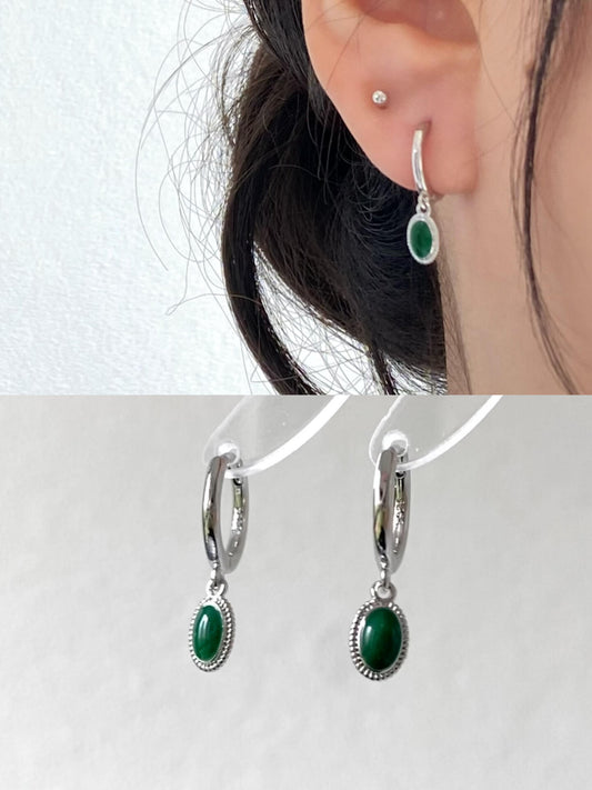 Silver Green Malachite Oval Double Lobe Earring Stack