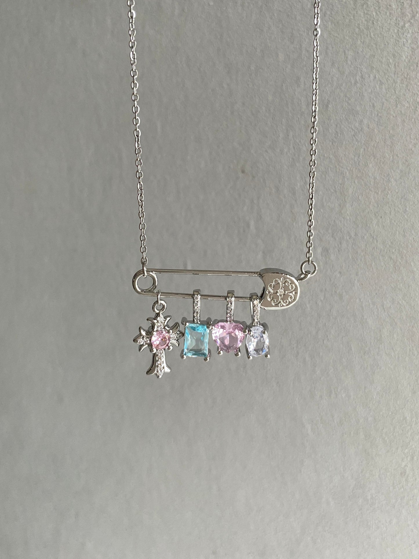 Silver Safety Pin Multi-Charm Necklace