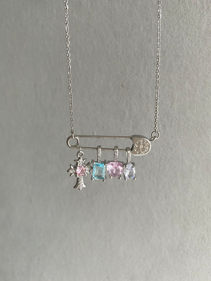 Silver Safety Pin Multi-Charm Necklace