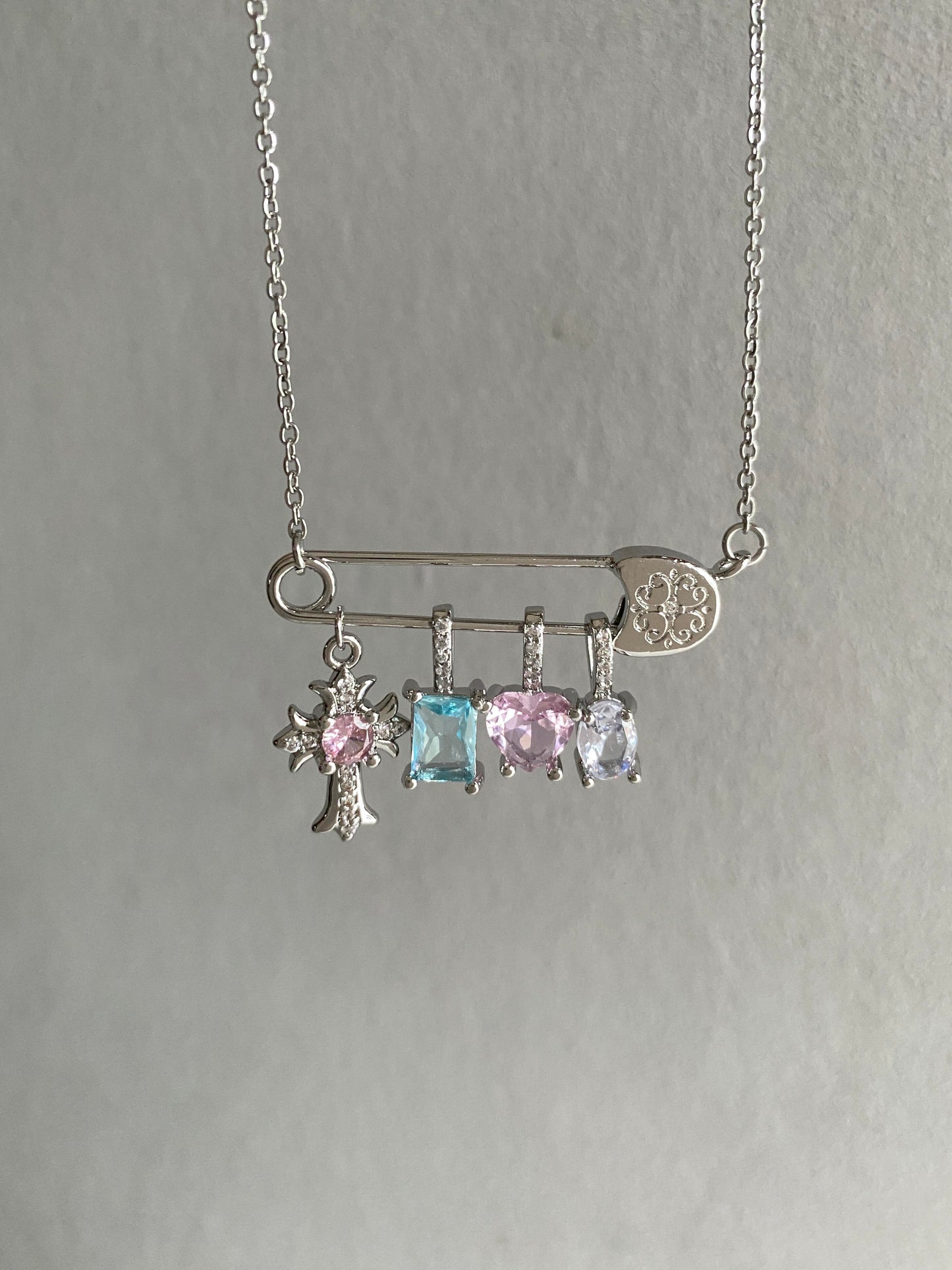 Silver Safety Pin Multi-Charm Necklace