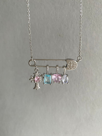 Silver Safety Pin Multi-Charm Necklace