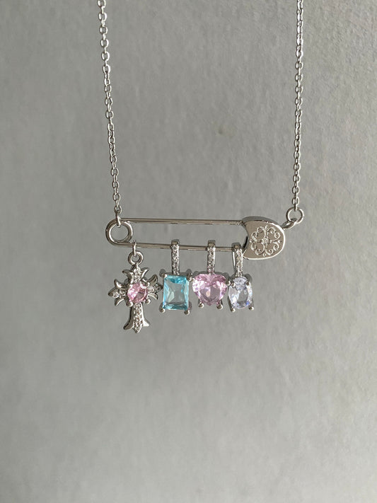 Silver Safety Pin Multi-Charm Necklace