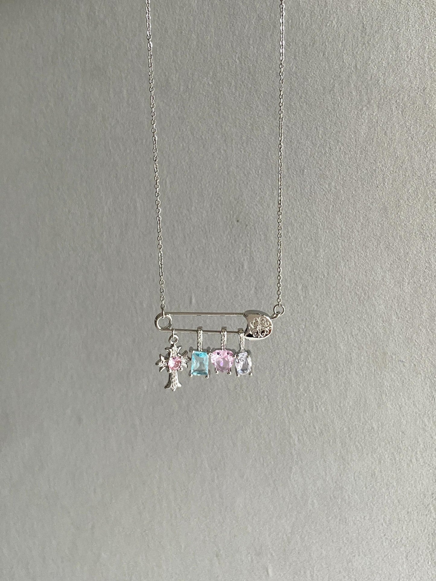 Silver Safety Pin Multi-Charm Necklace