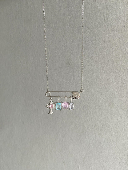 Silver Safety Pin Multi-Charm Necklace
