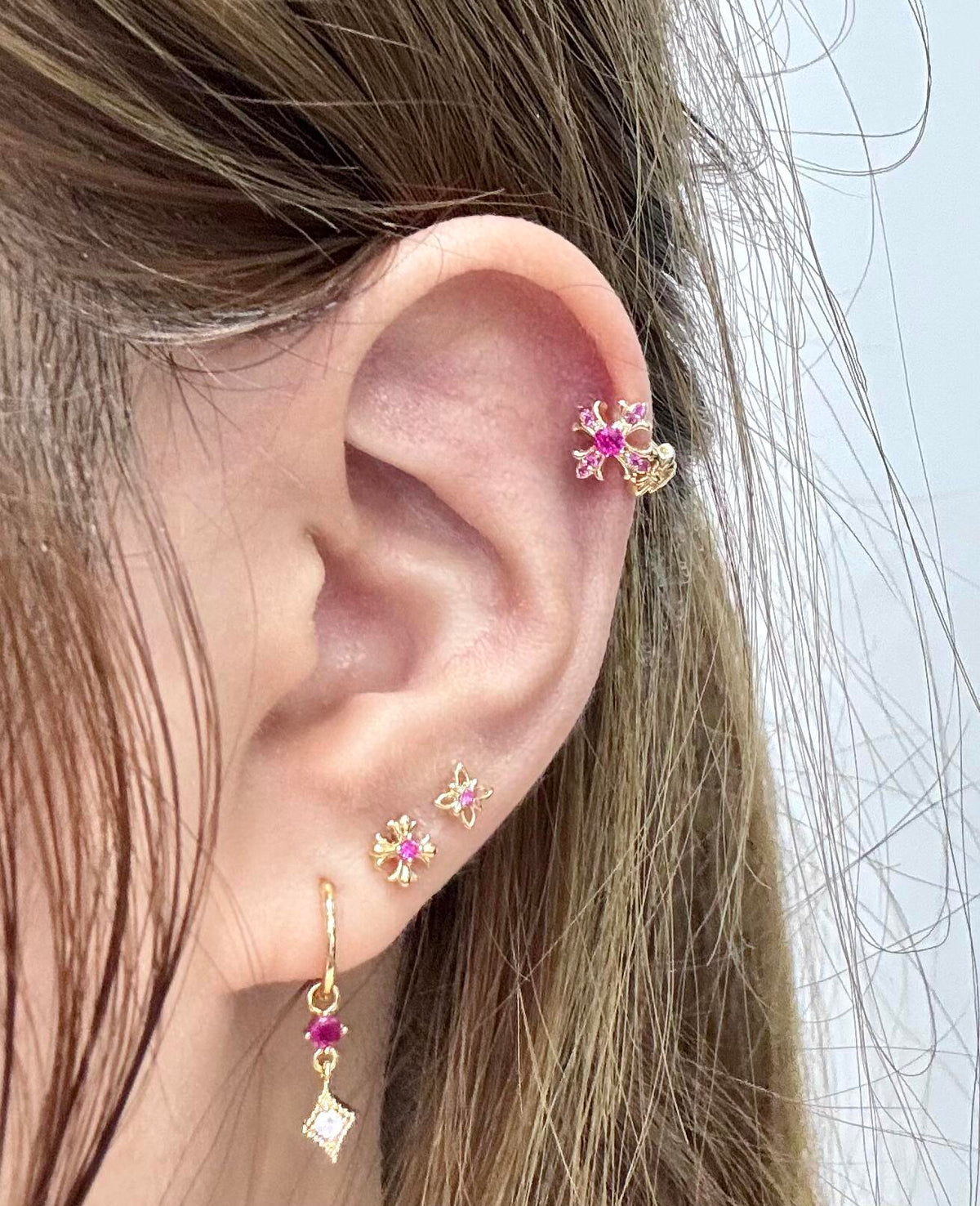 Gold Pink Flower Ear Cuff Set