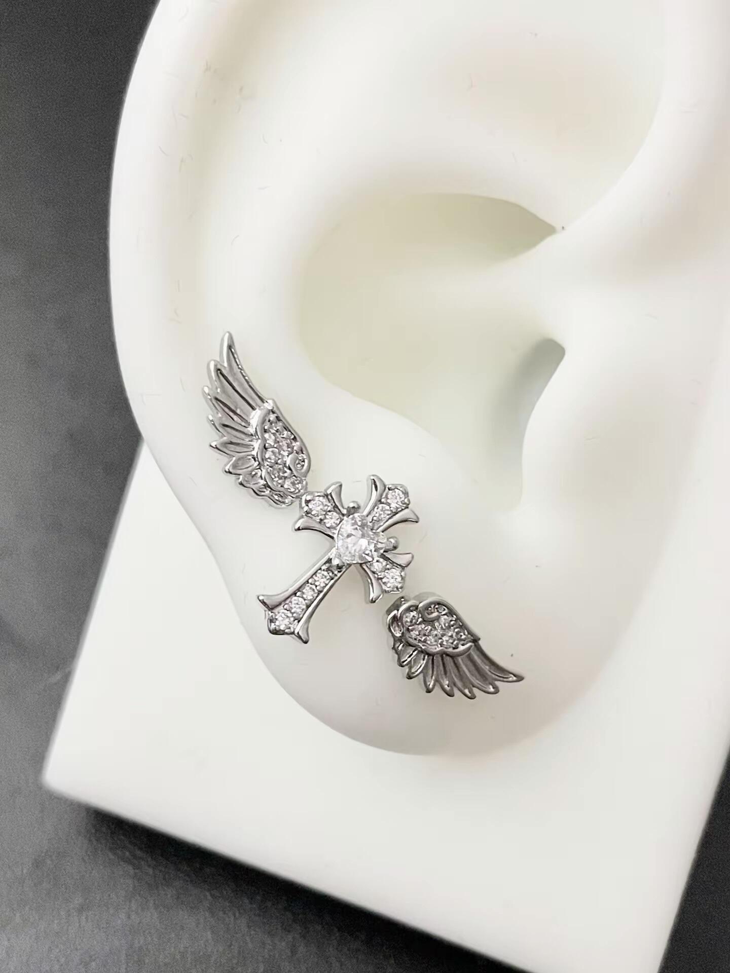 Silver Crystal Angel Wing Cross Triple Lobe Earring Stack