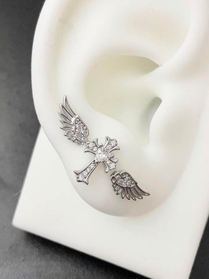 Silver Crystal Angel Wing Cross Triple Lobe Earring Stack