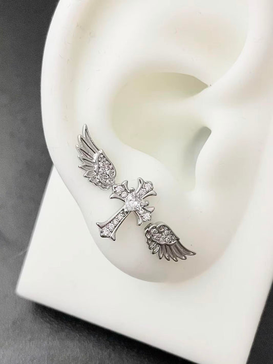 Silver Crystal Angel Wing Cross Triple Lobe Earring Stack
