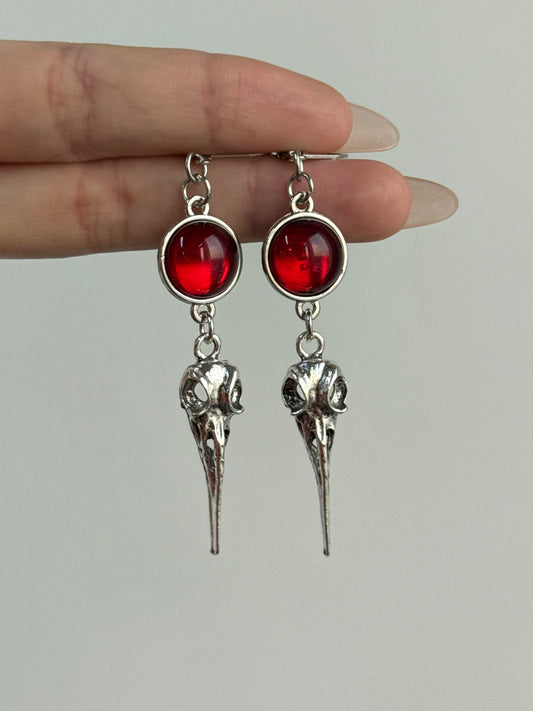 Silver Crimson Raven Drop Earrings