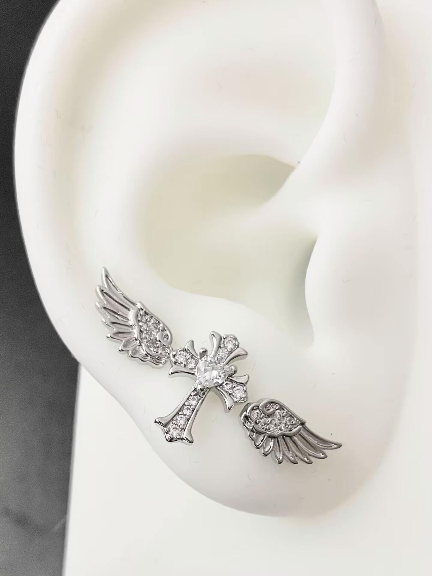 Silver Crystal Angel Wing Cross Triple Lobe Earring Stack