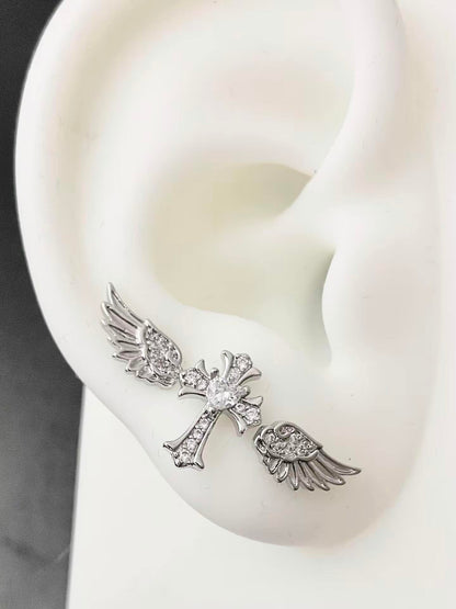 Silver Crystal Angel Wing Cross Triple Lobe Earring Stack