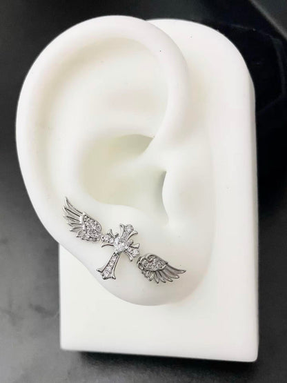 Silver Crystal Angel Wing Cross Triple Lobe Earring Stack