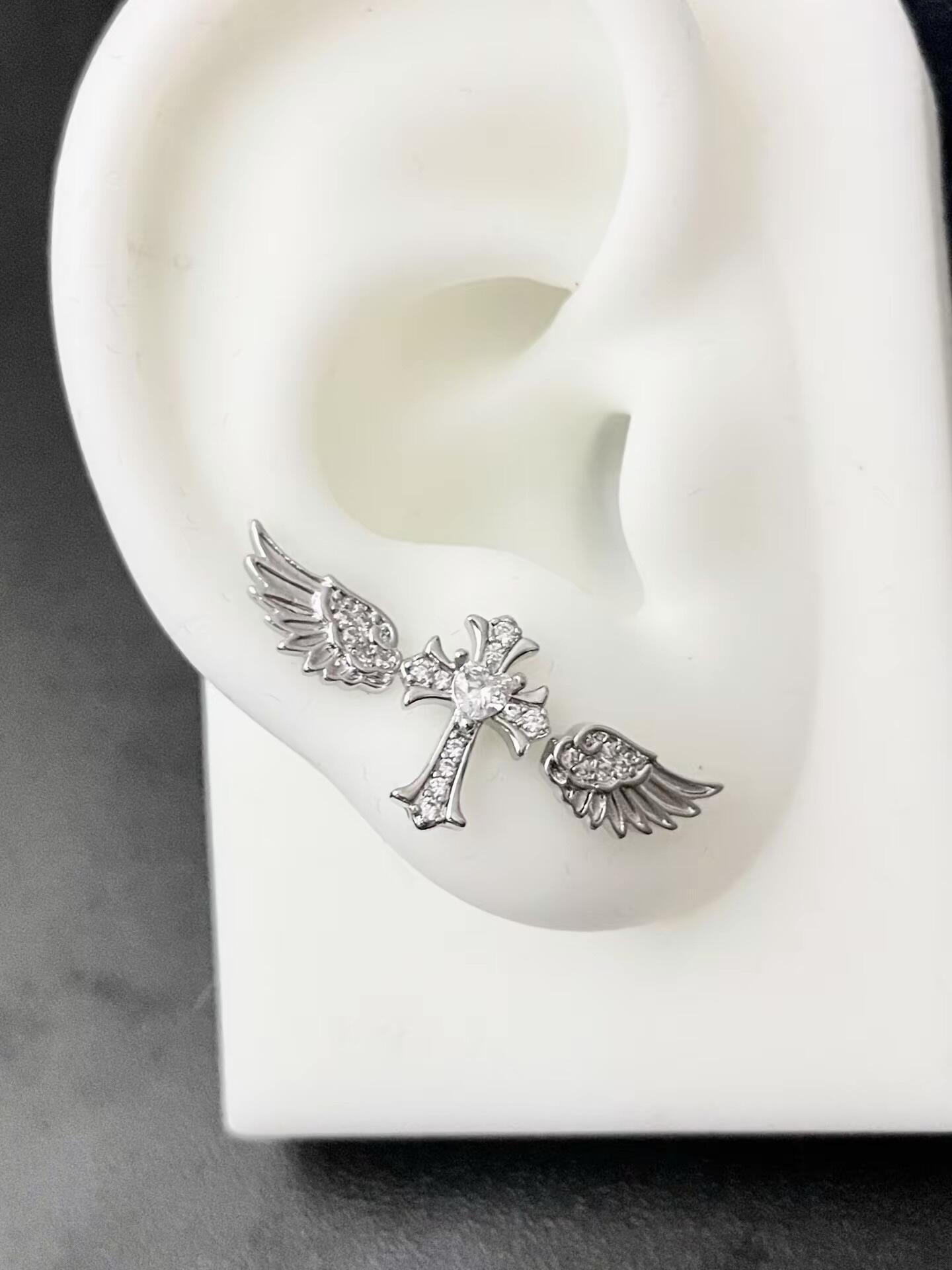 Silver Crystal Angel Wing Cross Triple Lobe Earring Stack