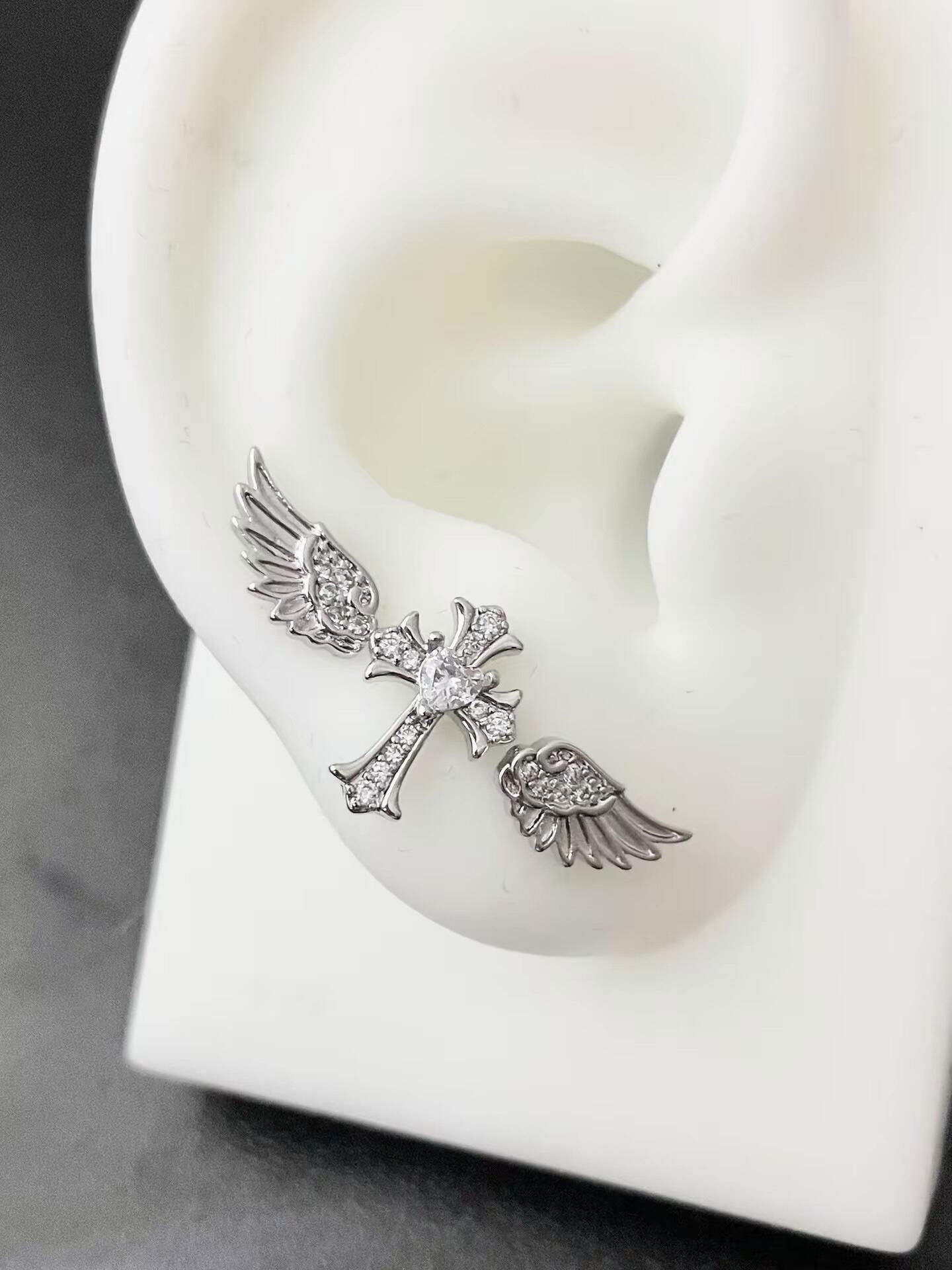Silver Crystal Angel Wing Cross Triple Lobe Earring Stack