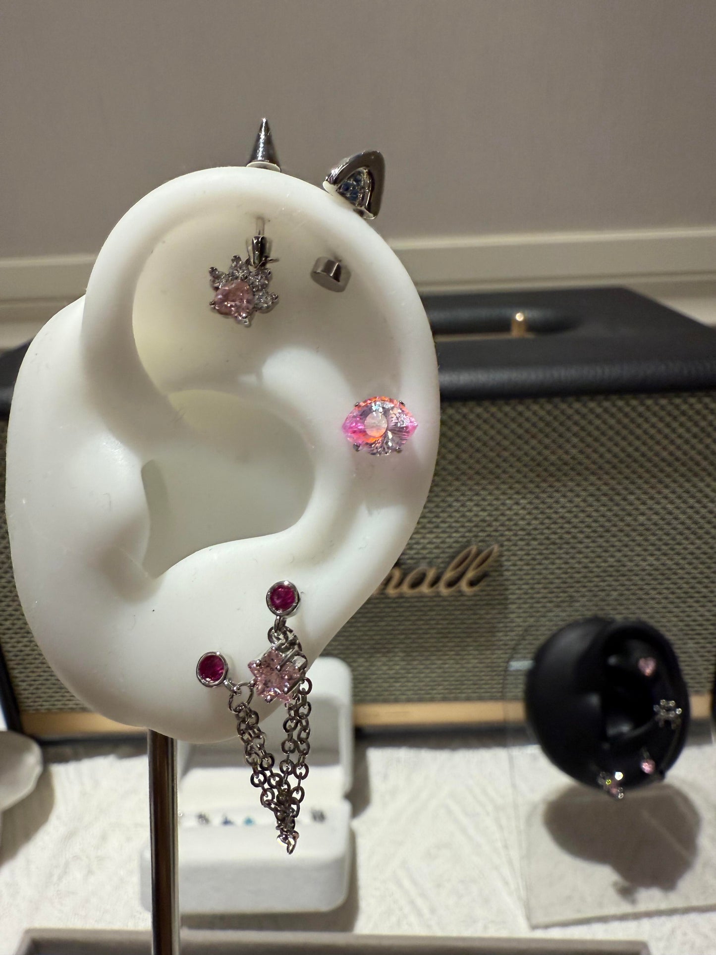 Pink Silver Celestial Chain Earring Stack
