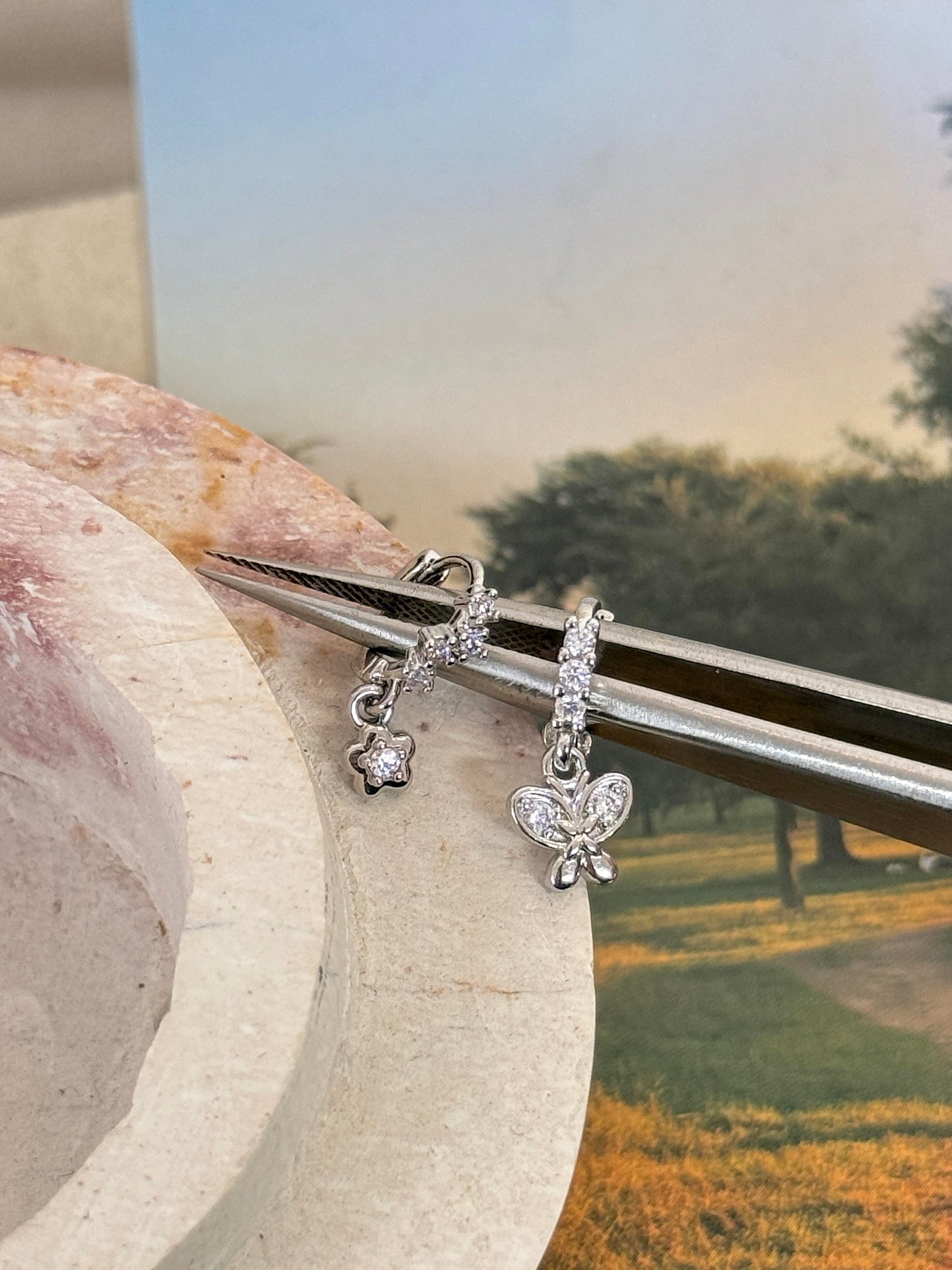 Silver Pave Butterfly and Flower Earring Stack Set
