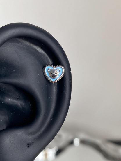 Blue Teddy Bear Heart Helix Earring