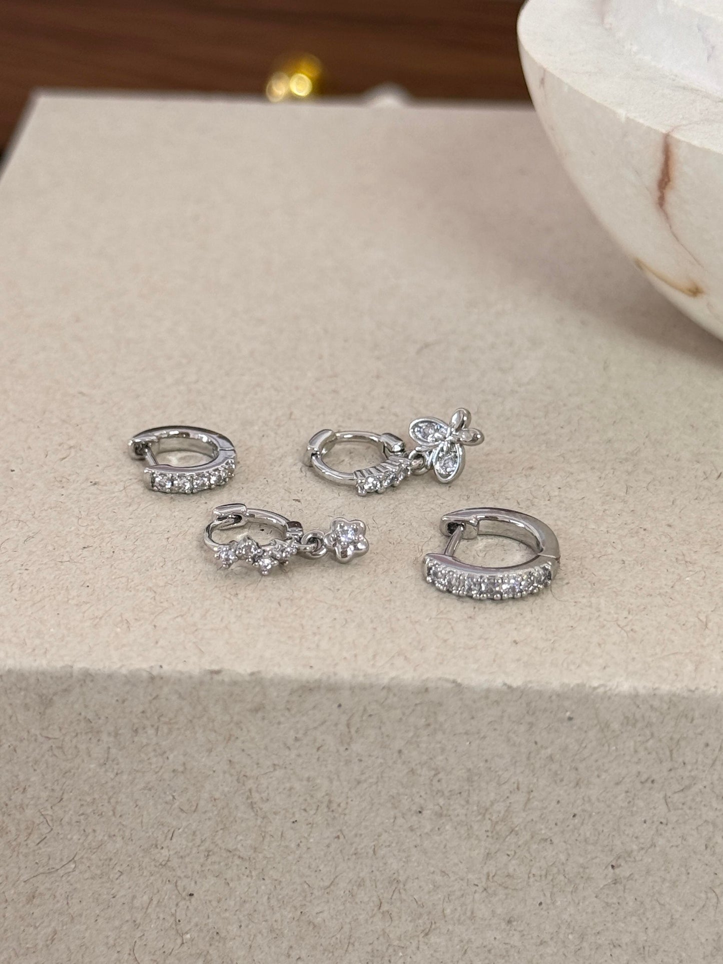 Silver Pave Butterfly and Flower Earring Stack Set