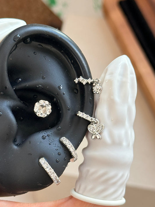Silver Pave Butterfly and Flower Earring Stack Set