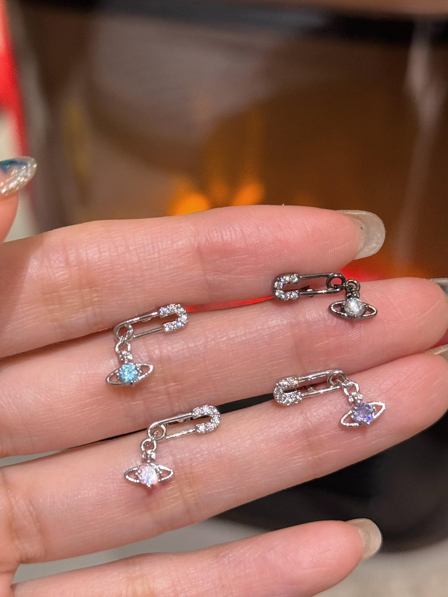 Crystal Safety Pin Saturn Helix Earring
