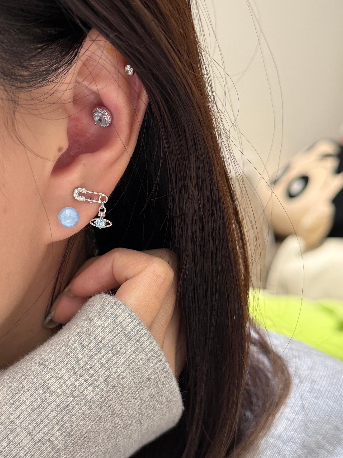 Crystal Safety Pin Saturn Helix Earring