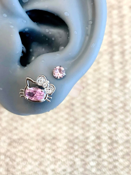 Pink Crystal Cat Bow Lobe Earring Stack
