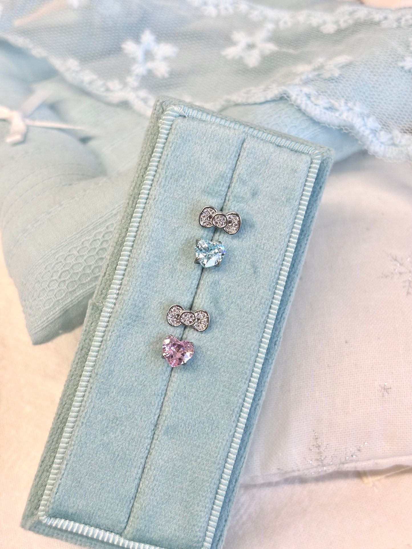 Pink Heart Bow Kitty Helix Earrings