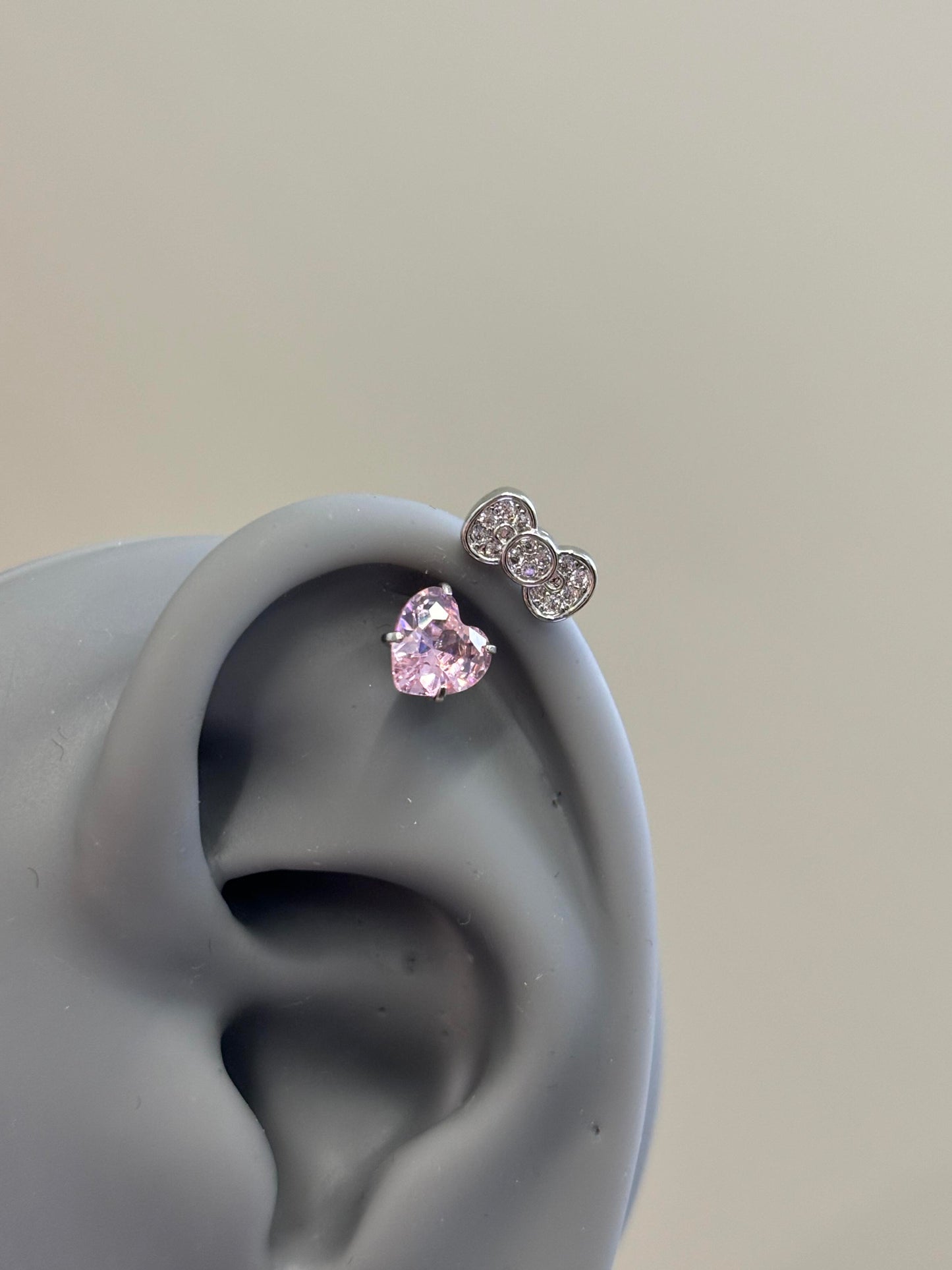 Pink Heart Bow Kitty Helix Earrings