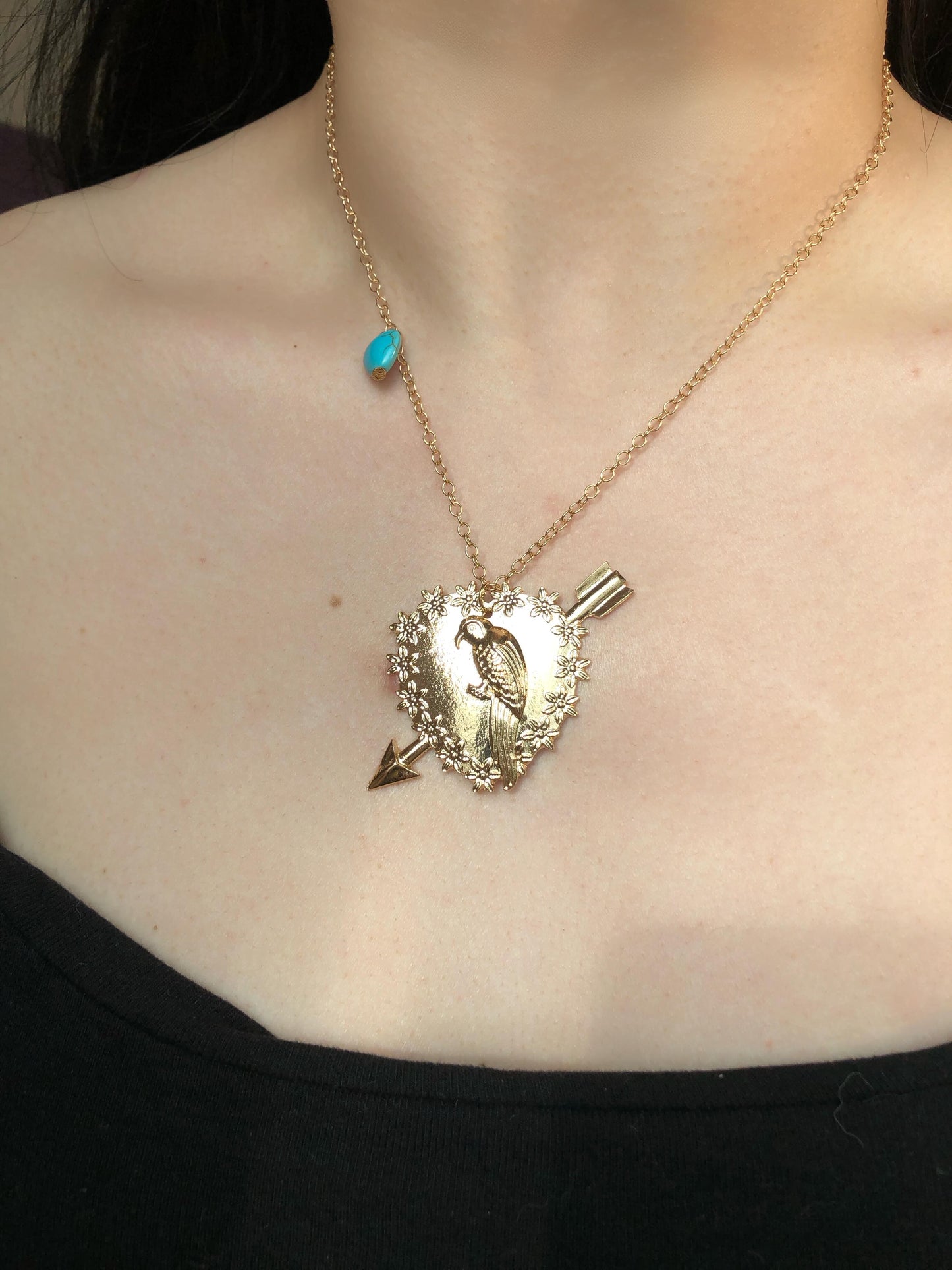 Gold Heart Struck Parrot Necklace