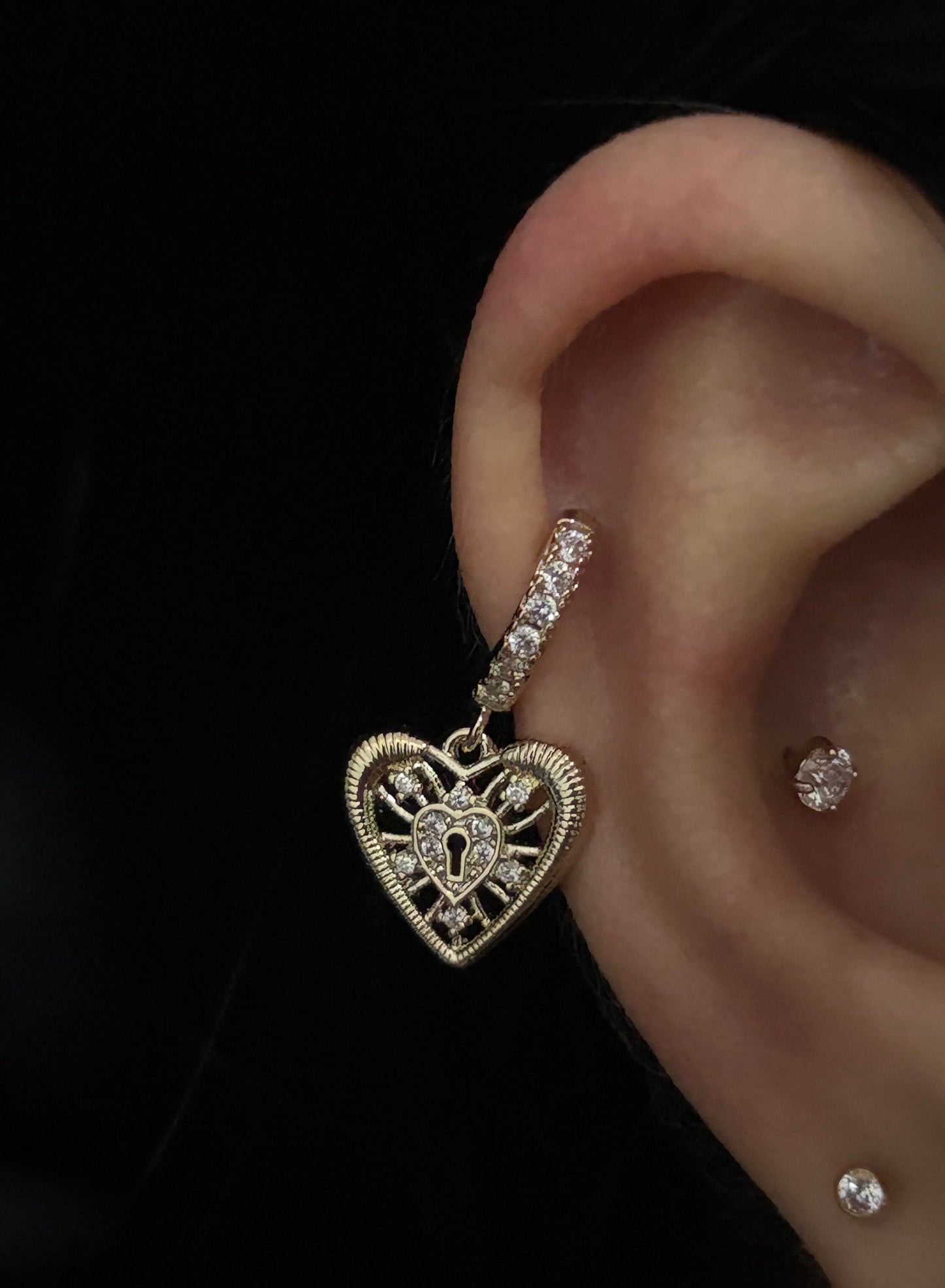 Gold Locket Heart Huggie Helix Earrings