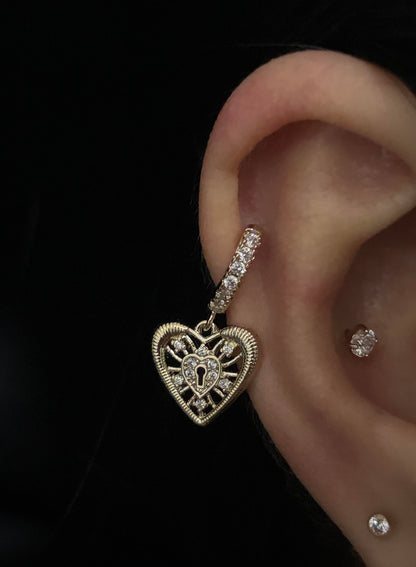 Gold Locket Heart Huggie Helix Earrings