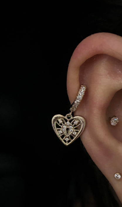 Gold Locket Heart Huggie Helix Earrings