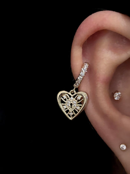 Gold Locket Heart Huggie Helix Earrings